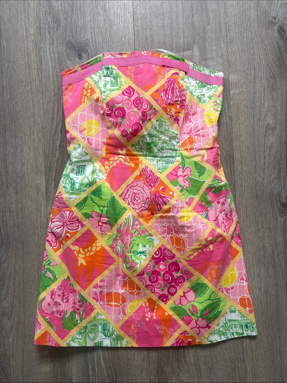 Vintage Lilly Pulitzer Strapless Patchwork Print Dress in Pink & Green